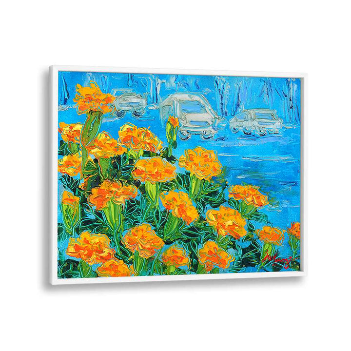 Bright marigold flowers bloom against a vibrant blue background in MARIGOID CANVAS, FLORAL FLOWER PAINTINGS.