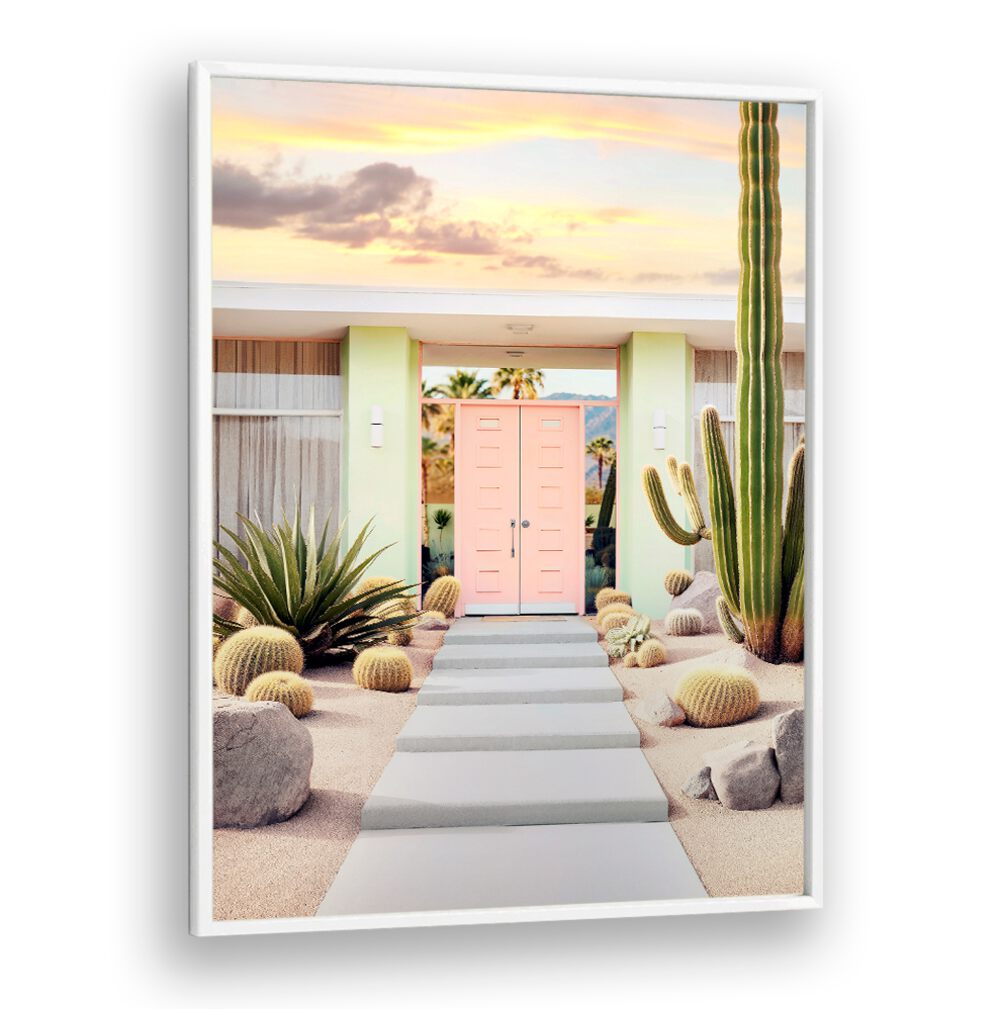 Serene desert entrance at twilight, showcasing END OF THE DAY IN PALM SPRINGS, BEACH PAINTINGS by Philippe Hugonnard.