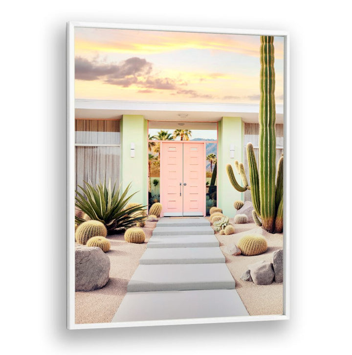 Serene desert entrance at twilight, showcasing END OF THE DAY IN PALM SPRINGS, BEACH PAINTINGS by Philippe Hugonnard.