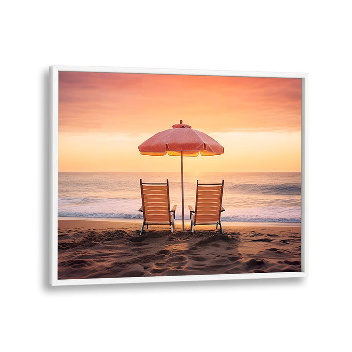 Serene sunset view with chairs and an umbrella, perfect for your home: BOTH FACING THE OCEAN, BEACH PAINTINGS.