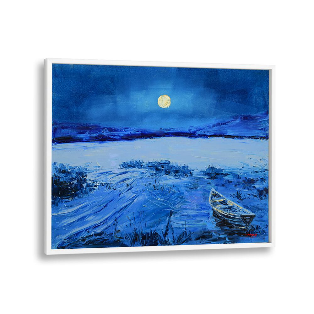 Serene FULL MOON, LANDSCAPE PAINTINGS featuring a tranquil lake scene with a glowing moon and a lone boat.