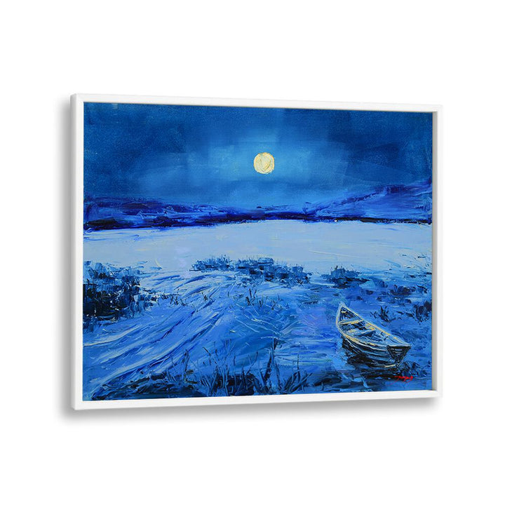 Serene FULL MOON, LANDSCAPE PAINTINGS featuring a tranquil lake scene with a glowing moon and a lone boat.