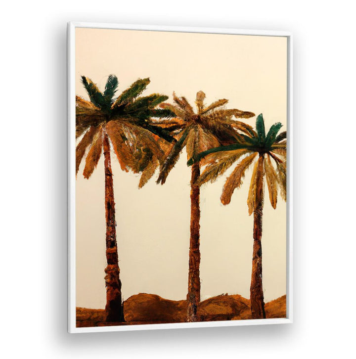 PALM TRIO, BEACH PAINTINGS featuring three palm trees on a serene beach scene, perfect for coastal decor.
