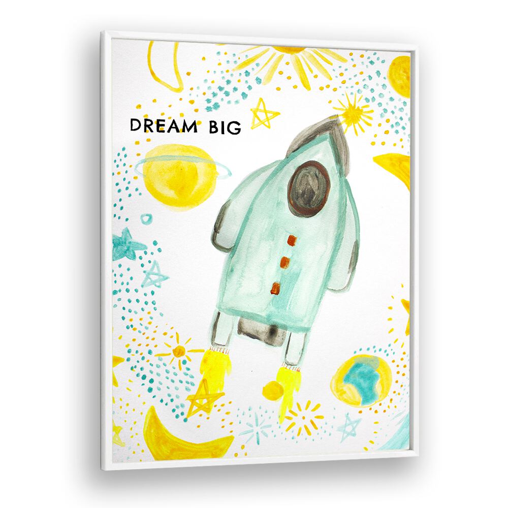 Colorful DREAM BIG, KIDS ROOM PAINTINGS featuring a rocket and stars, perfect for inspiring young explorers.