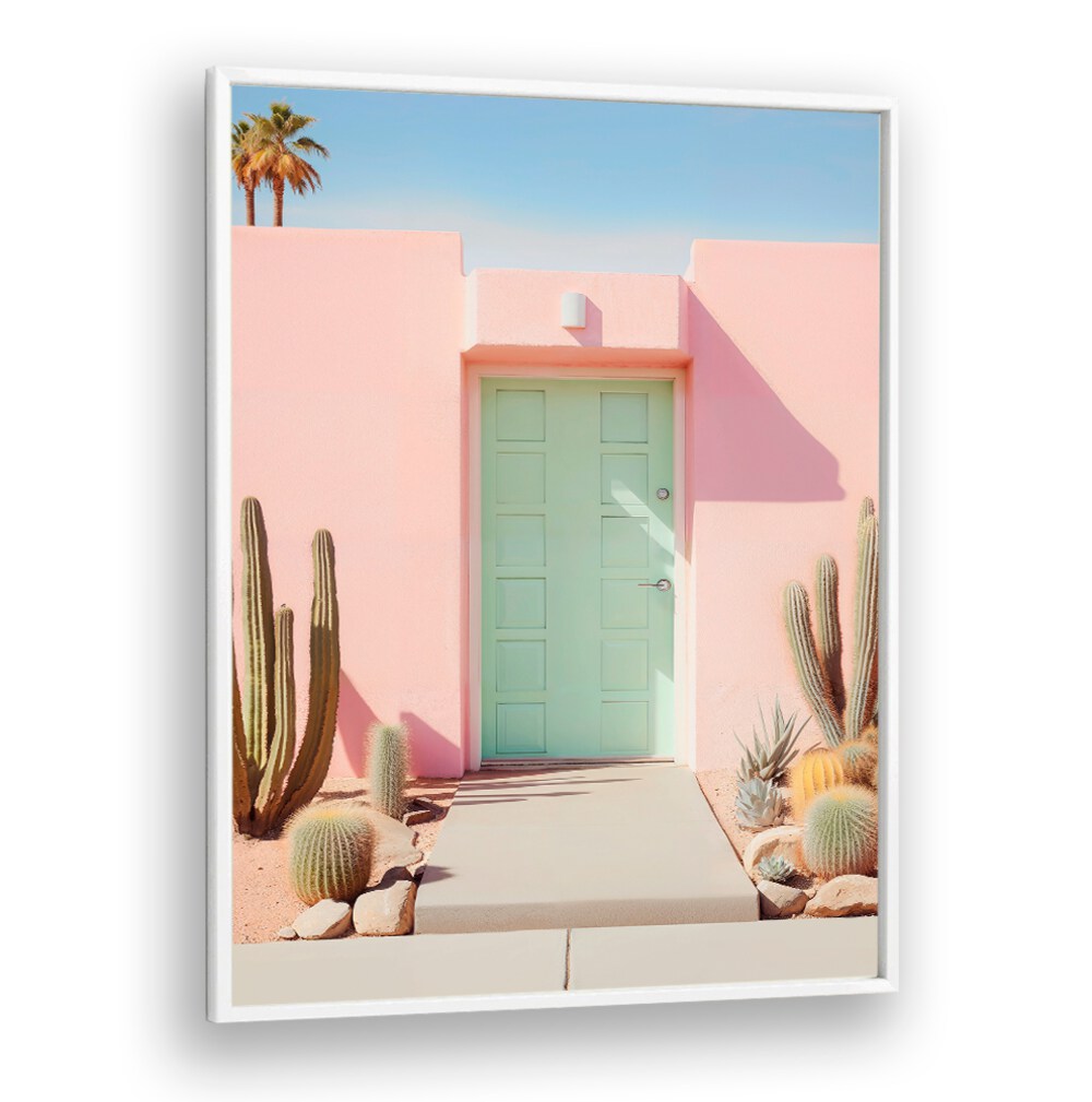 Pastel Palm Springs, Beach Paintings showcase a vibrant pink door framed by cacti, embodying effortless relaxation.