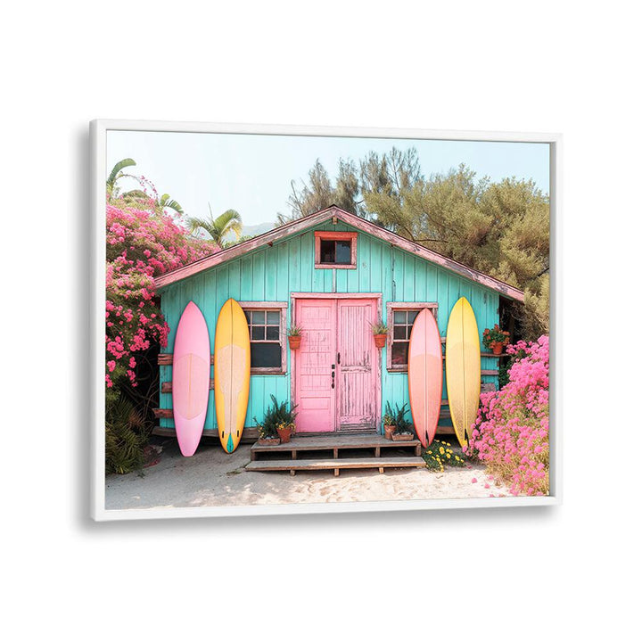 Colorful beach house surrounded by flowers and surfboards, perfect for PARADISE LOST, BEACH PAINTINGS collection.