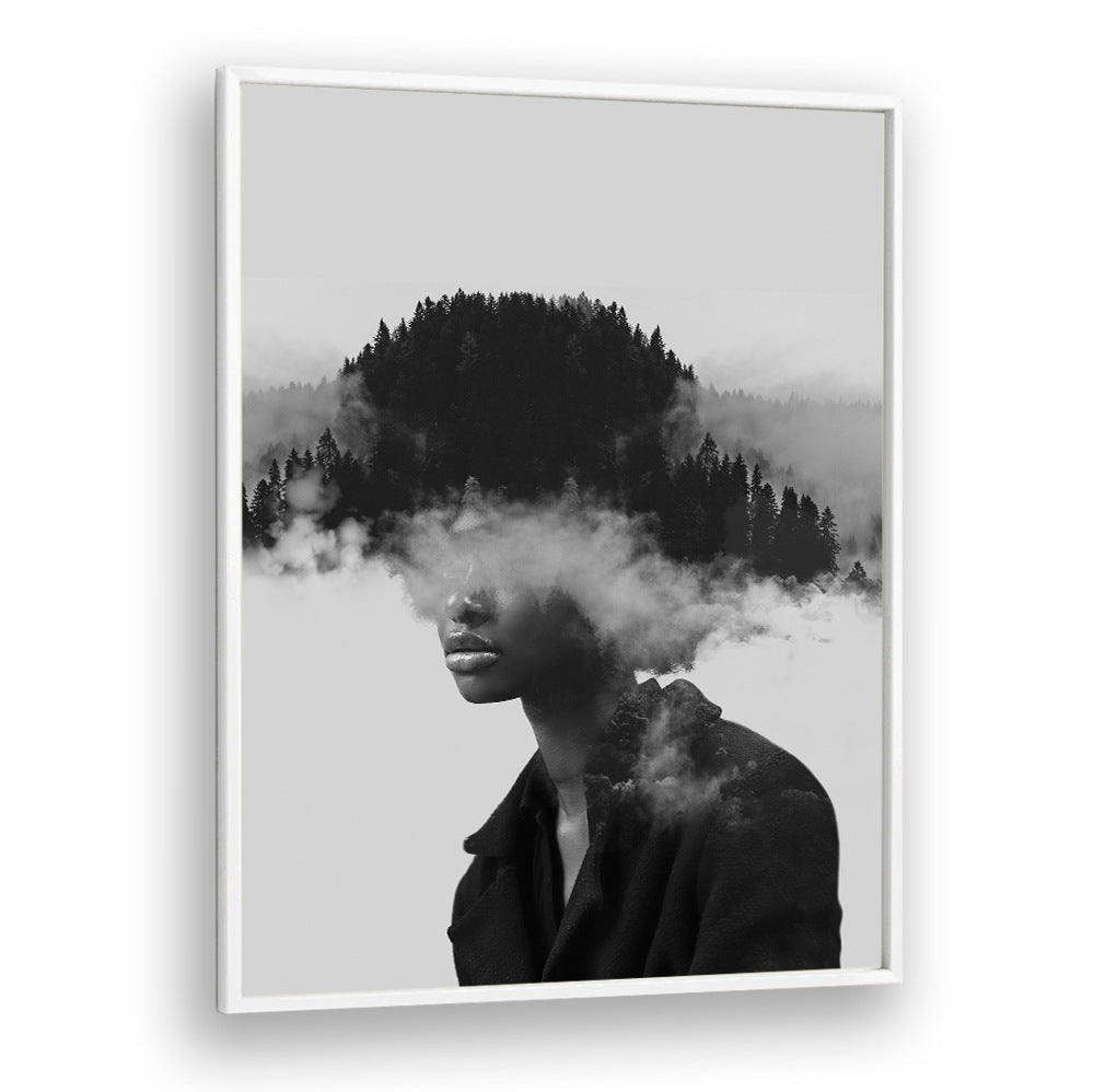 Surreal art print "FOGGY THOUGHTS" depicts a serene figure with clouded imagery, reflecting mental clarity and peace.