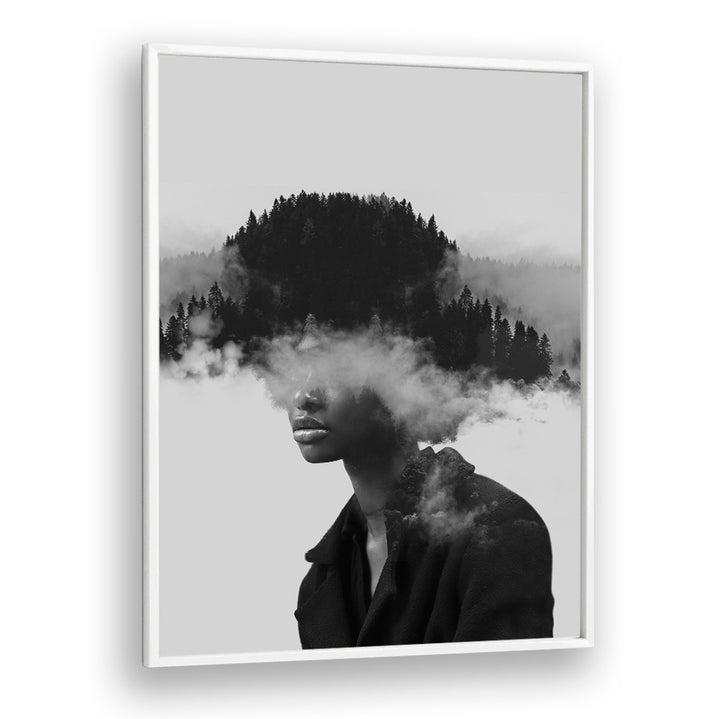 Surreal art print "FOGGY THOUGHTS" depicts a serene figure with clouded imagery, reflecting mental clarity and peace.