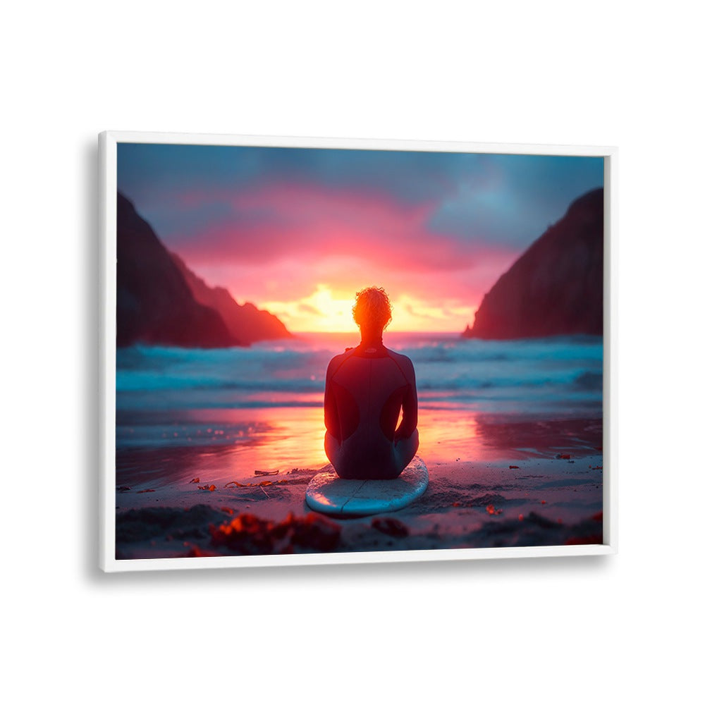 Surfer enjoying the vibrant colors of a SURFSIDE SUNSET, BEACH PAINTINGS by Philippe Hugonnard, evoking tranquility.