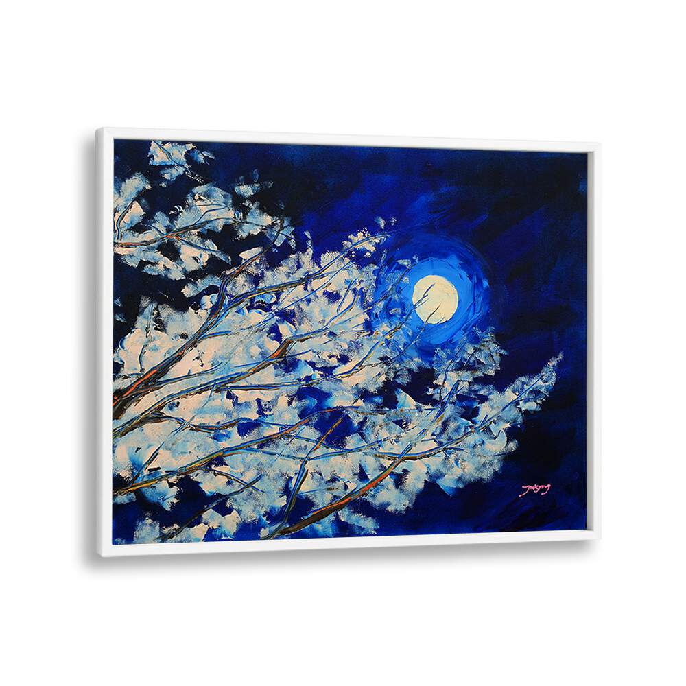 Vibrant BLUEMOON LANDSCAPE PAINTINGS featuring a moonlit sky and delicate white branches, perfect for any décor.