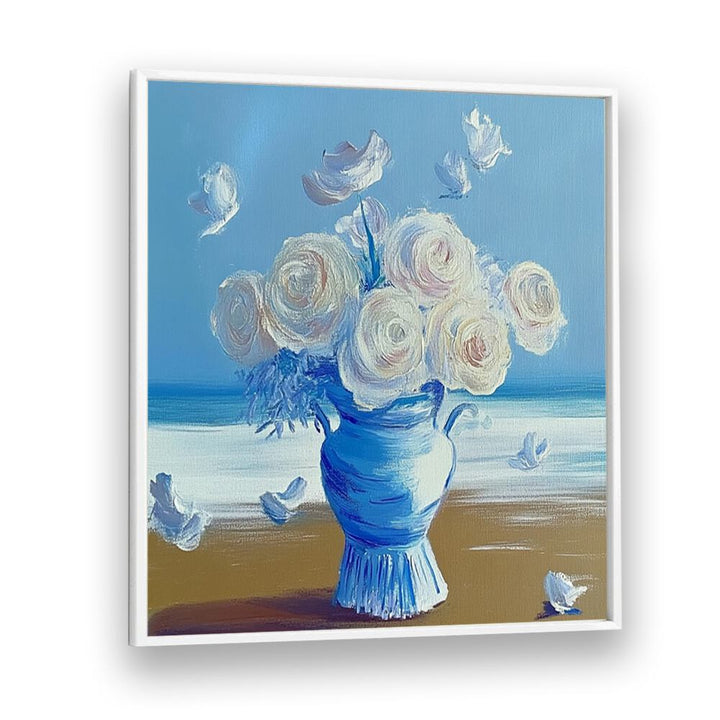 Elegant BLUE ROSES ON THE BEACH centerpiece enhances any space with its artistic beauty and coastal charm.