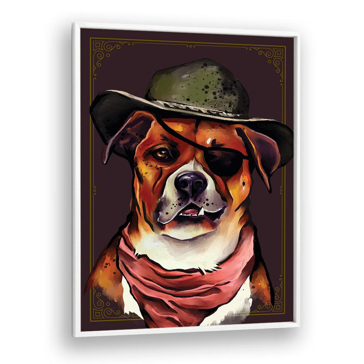 Whimsical dog portrait in a hat and bandana, perfect for DOG, ANIMAL PAINTINGS lovers seeking unique decor.