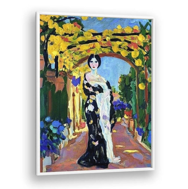 A graceful WOMAN IN A GARDEN surrounded by vibrant flowers, enhancing tranquility in any living space.