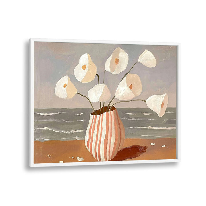 Bright floral arrangement in a vase with ocean waves, showcasing the tranquil essence of BOATS IN THE HARBOR II.