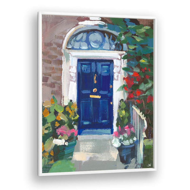 Bright blue door adorned with vibrant blooms, ideal for enhancing spaces with BLUE DOOR, FLORAL FLOWER PAINTINGS.