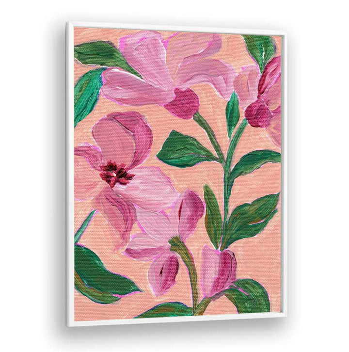PINK FLOWERS LEAVES , FLORAL FLOWER PAINTINGS