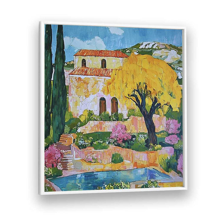Beautiful painting of a HOUSE BY THE POOL, showcasing luxury living and vibrant gardens in a tranquil setting.