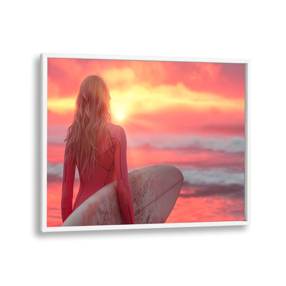 Surfer in a pink wetsuit at sunset, embodying the essence of SURFSIDE ELEGANCE, BEACH PAINTINGS by Philippe Hugonnard.