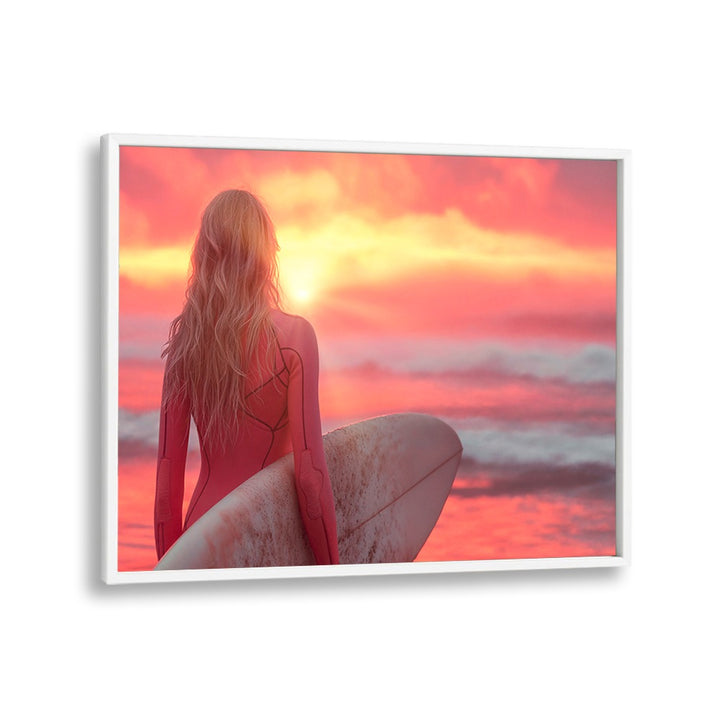 Surfer in a pink wetsuit at sunset, embodying the essence of SURFSIDE ELEGANCE, BEACH PAINTINGS by Philippe Hugonnard.