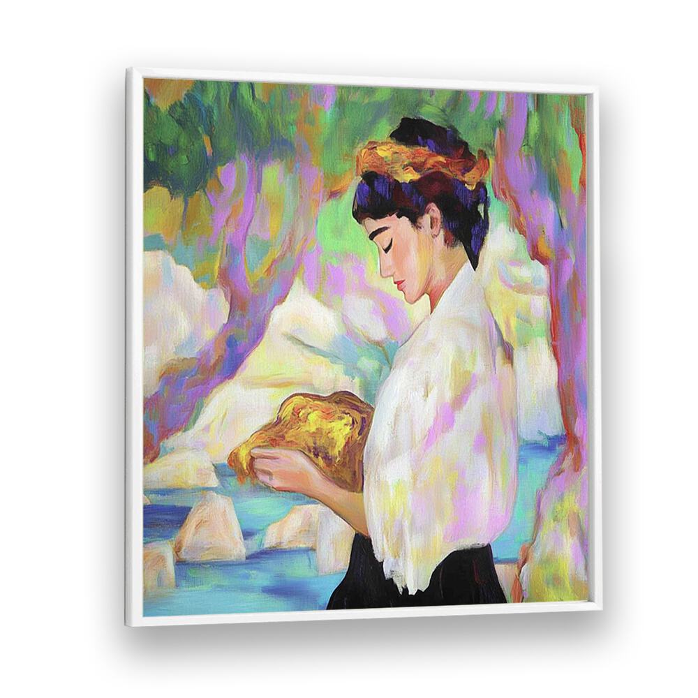 Stunning artwork "WOMAN WITH A ROCK," embodying resilience and grace, perfect for modern art enthusiasts.