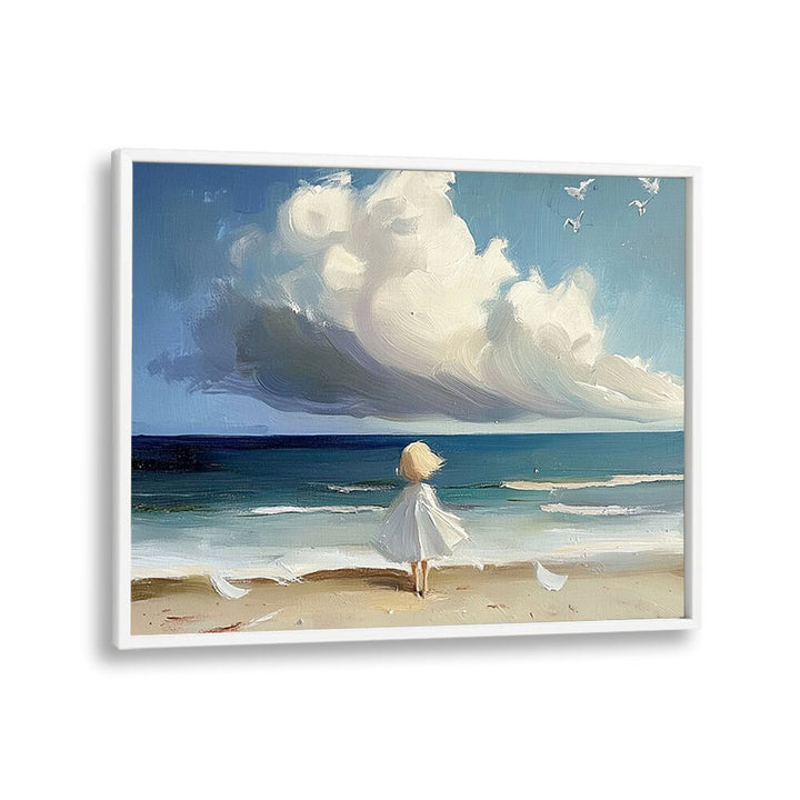 Delightful artwork of a LITTLE GIRL ON THE BEACH, capturing childhood joy and innocence in a whimsical setting.