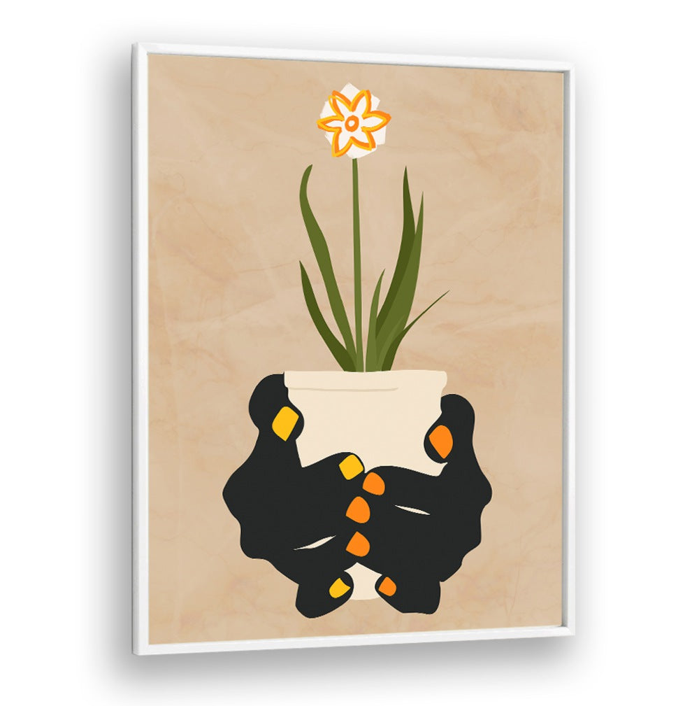 Holding Hope, floral flower paintings showcase hands cradling a blooming plant, symbolizing resilience and inspiration.