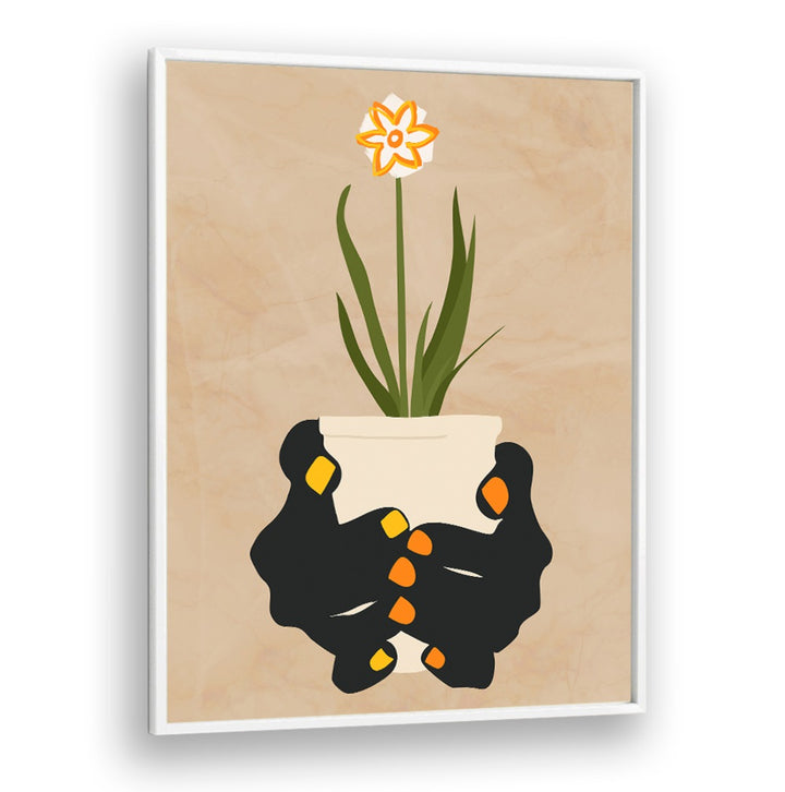 Holding Hope, floral flower paintings showcase hands cradling a blooming plant, symbolizing resilience and inspiration.