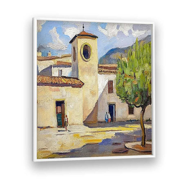 Artistic depiction of TOWN IN SPAIN showcasing charming architecture and vibrant culture in a sunny landscape.