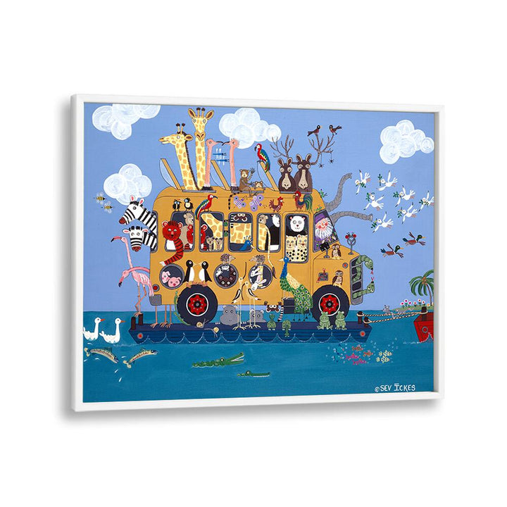 Whimsical NOAHS BUS, KIDS ROOM PAINTINGS featuring Noah's vibrant bus filled with adorable animals for playful decor.