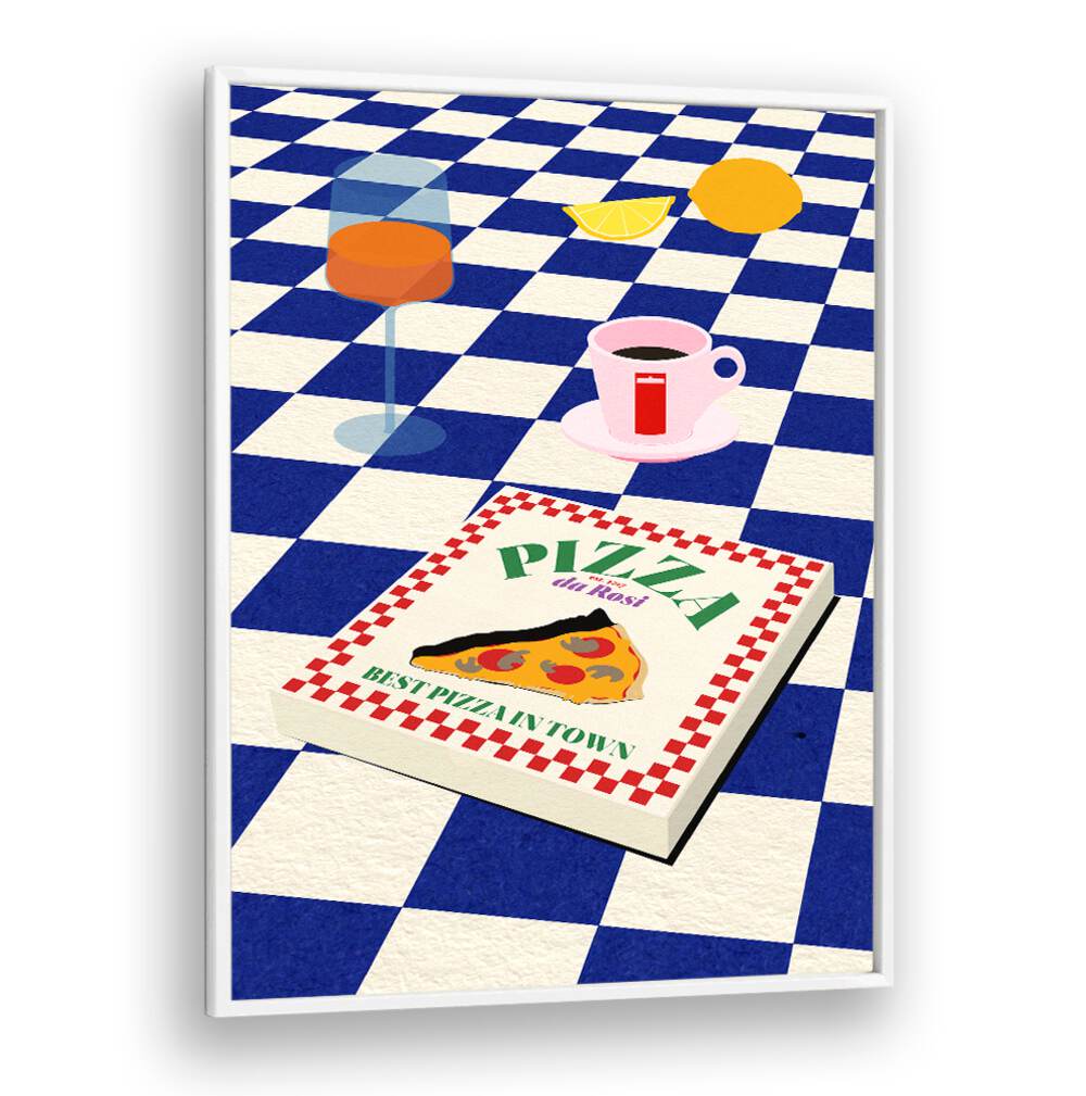 Colorful illustration featuring THE ITALIAN MENU, BAR art with pizza, drinks, and a vibrant checkered table setting.