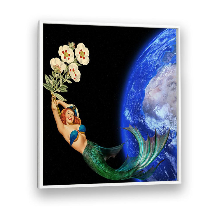 A whimsical mermaid holds flowers against a cosmic backdrop in our SWIMMING AWAY, SURREAL ART PRINTS collection.