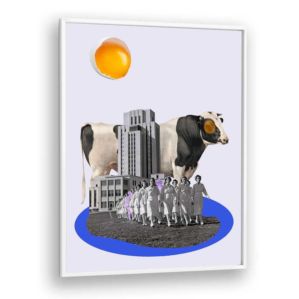 Whimsical COW IN THE CITY, SURREAL ART PRINTS blend urban charm with rustic delight for unique home decor.