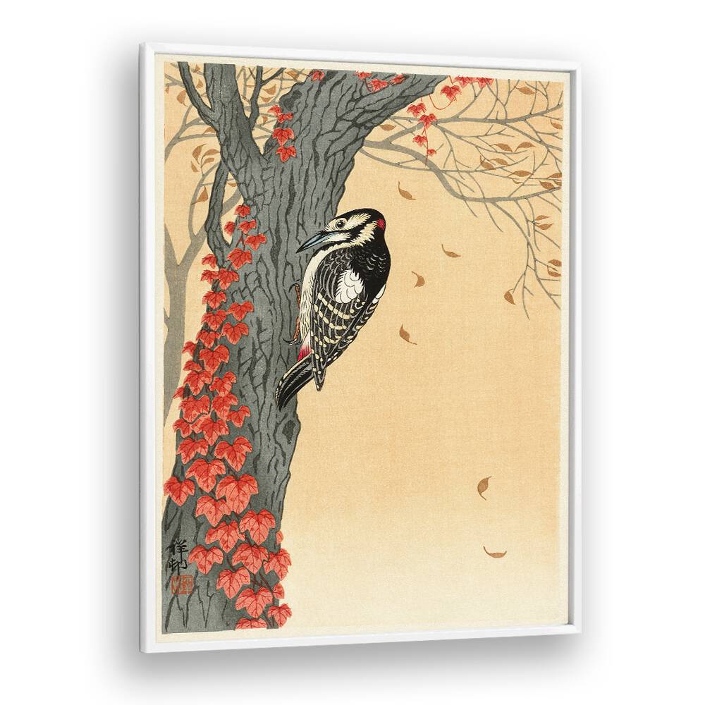 GREAT SPOTTED WOODPECKER IN TREE WITH RED IVY (1925 - 1936) , JAPANESE PAINTINGS , JAPANESE ART PRINTS