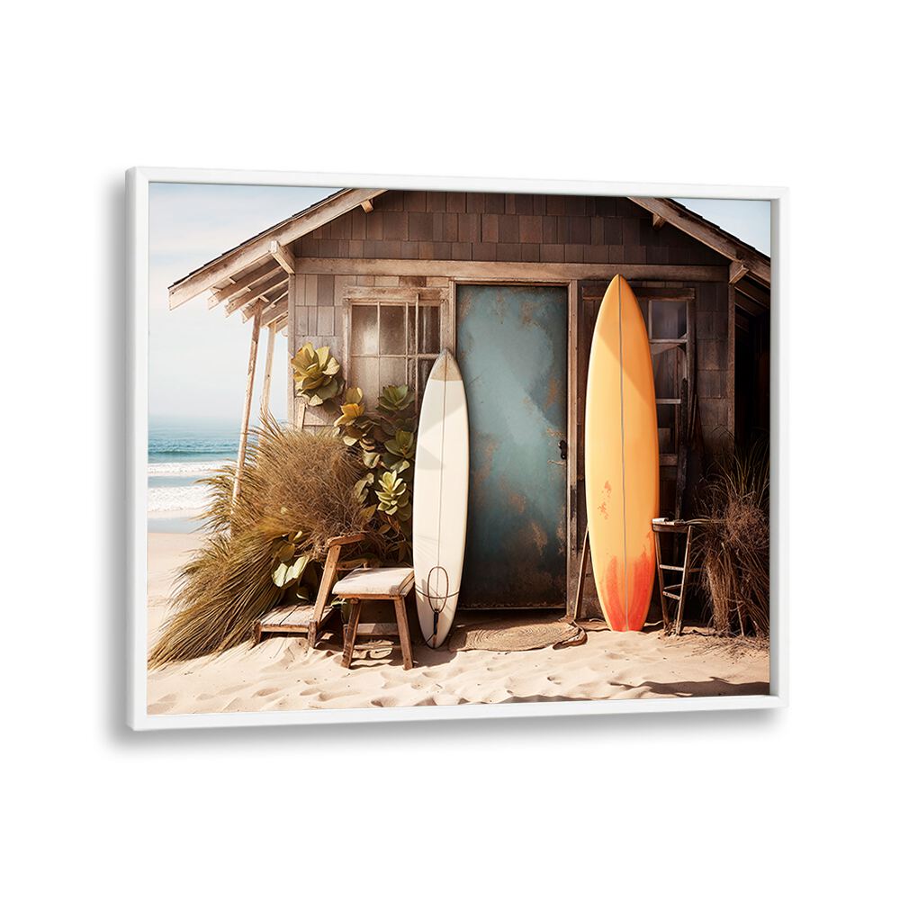 Capture the essence of coastal nostalgia with VINTAGE VIBRANCE, BEACH PAINTINGS featuring surfboards and a beach hut.