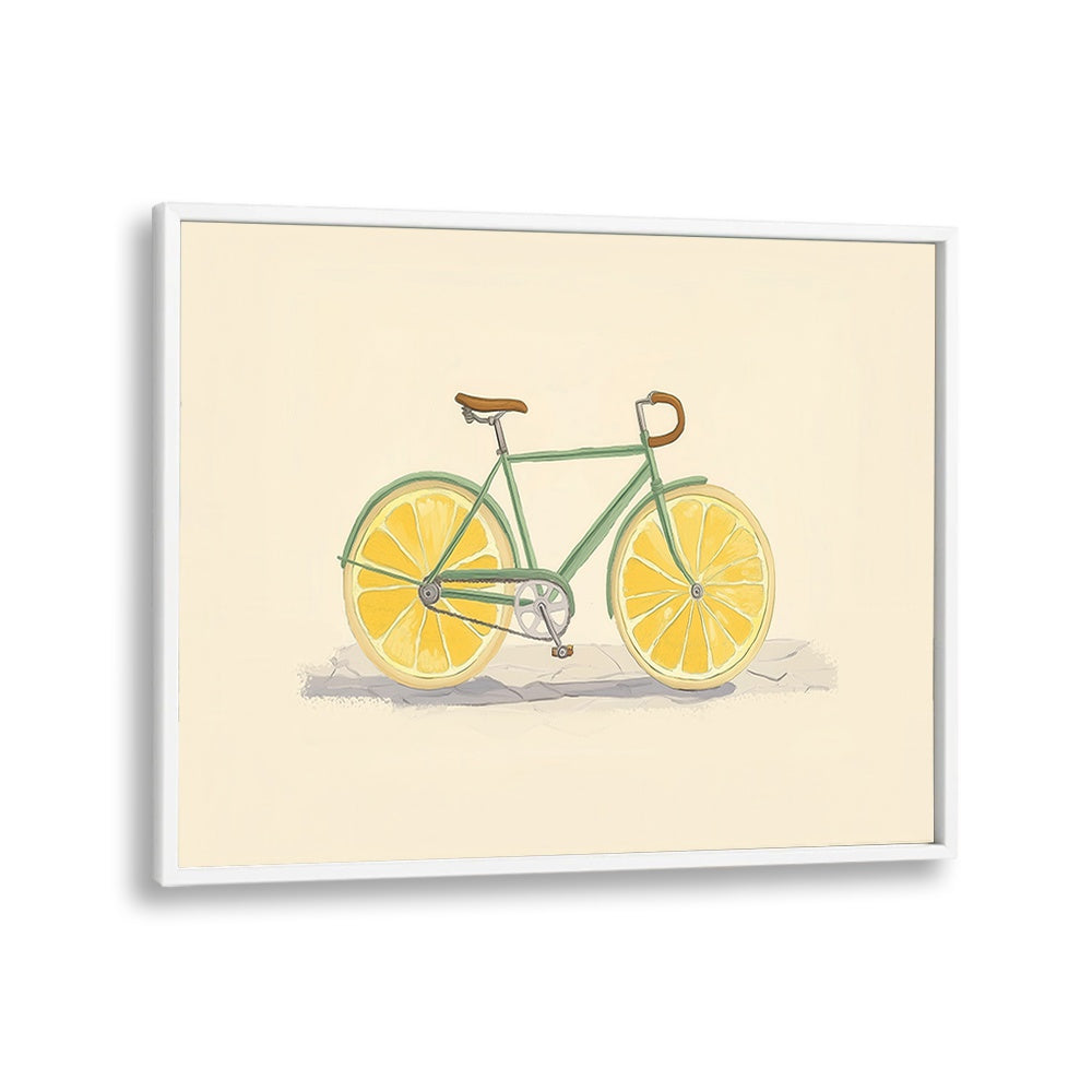 Vibrant BICYCLE WITH LEMON WHEELS, KITCHEN POSTERS adds a playful touch to any space with its unique design.