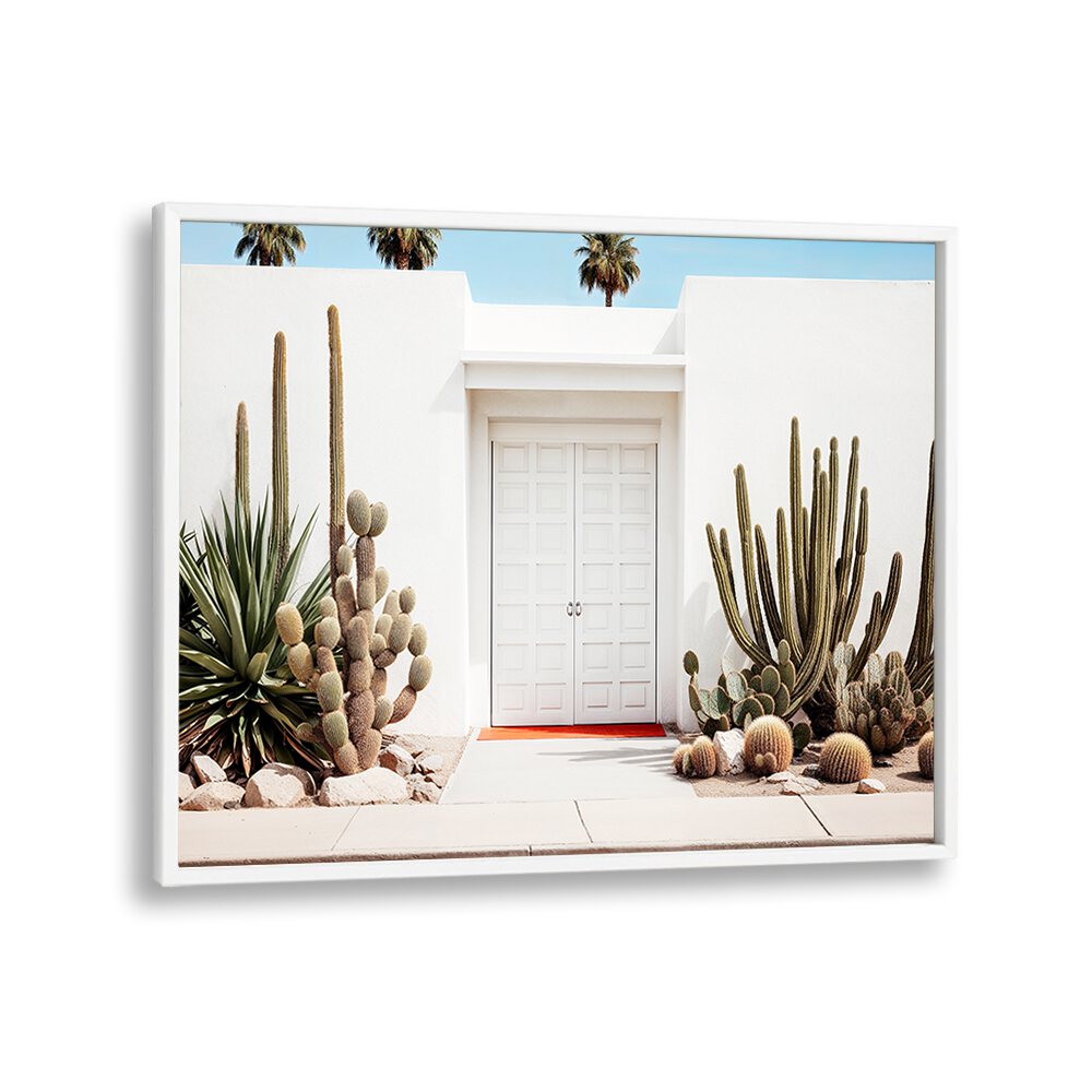 Stylish WHITE MID-CENTURY MODERN HOUSE with desert plants, perfect for enhancing your space with BEACH PAINTINGS.