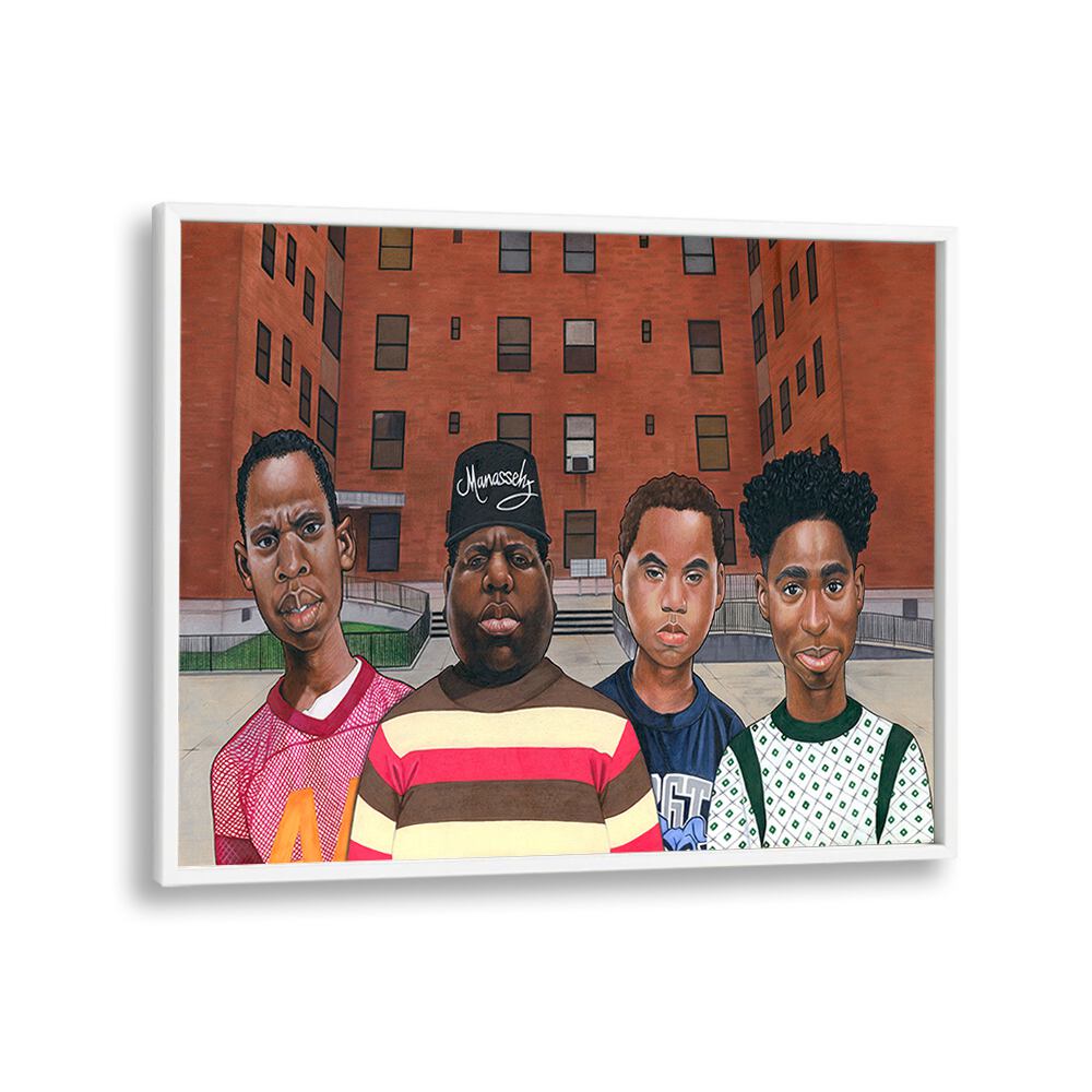 Colorful portrayal of hip hop legends in BOYZ IN THE HOOD, AFRICAN ART PAINTINGS, celebrating urban culture.