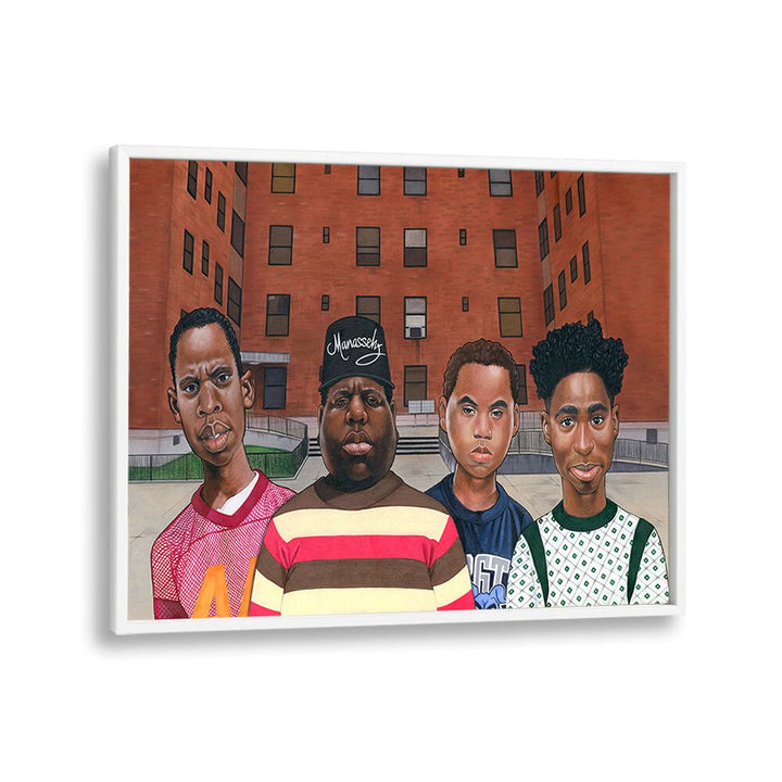 Colorful portrayal of hip hop legends in BOYZ IN THE HOOD, AFRICAN ART PAINTINGS, celebrating urban culture.