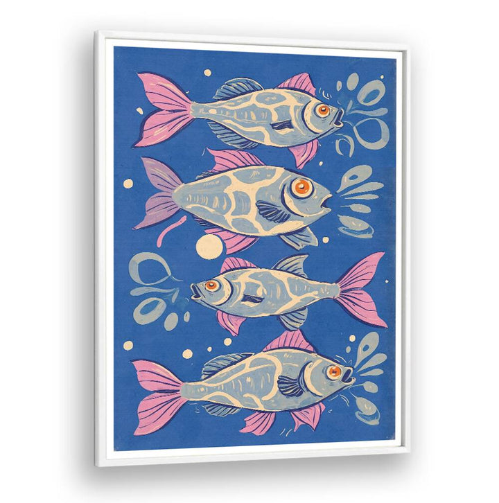 Vibrant OCEANIC LIFE - FISHES, BEACH PAINTINGS showcasing colorful fish on a serene blue backdrop for coastal decor.
