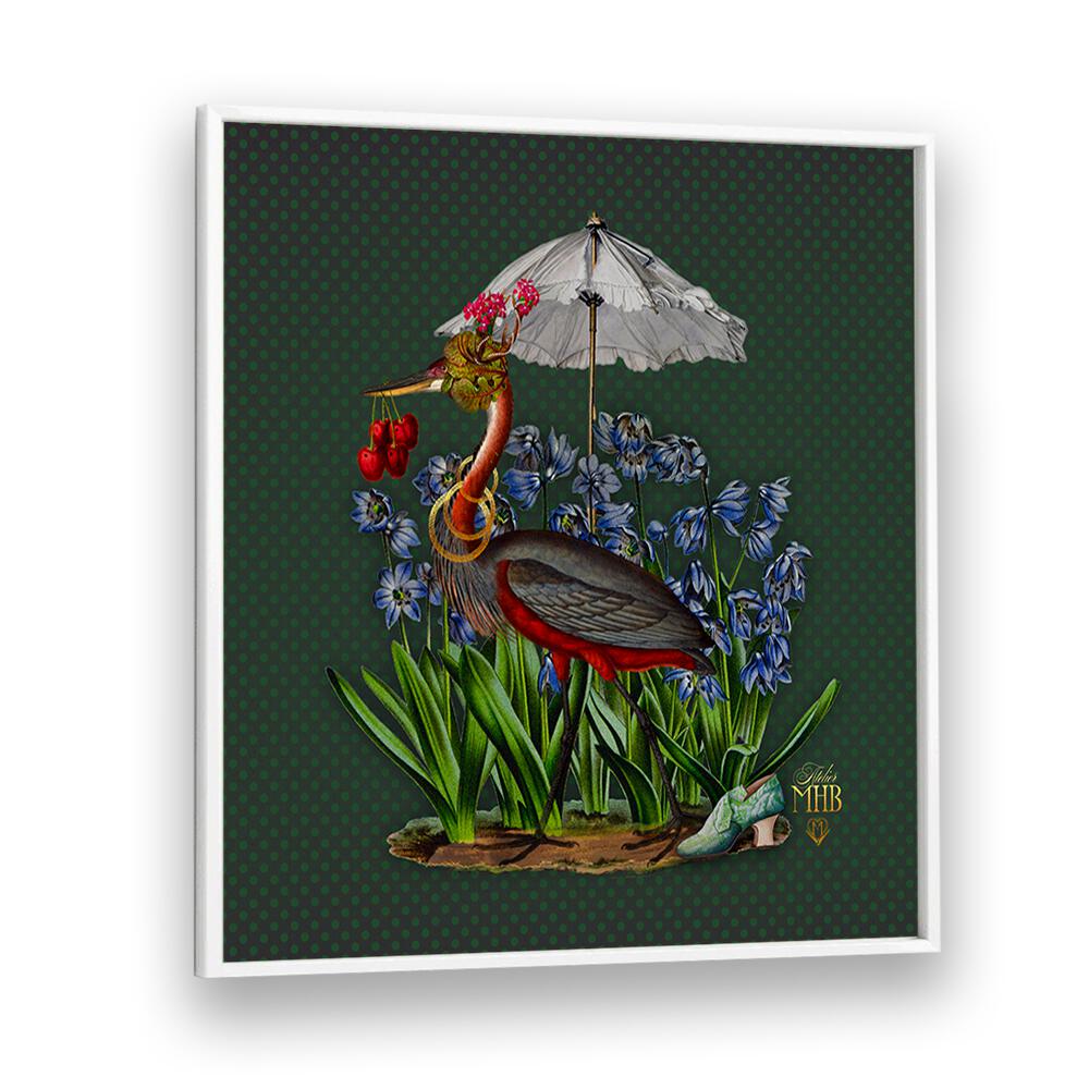 Whimsical heron under an umbrella amidst blossoms from the ENCHANTED FOREST V, ANIMAL PAINTINGS collection.