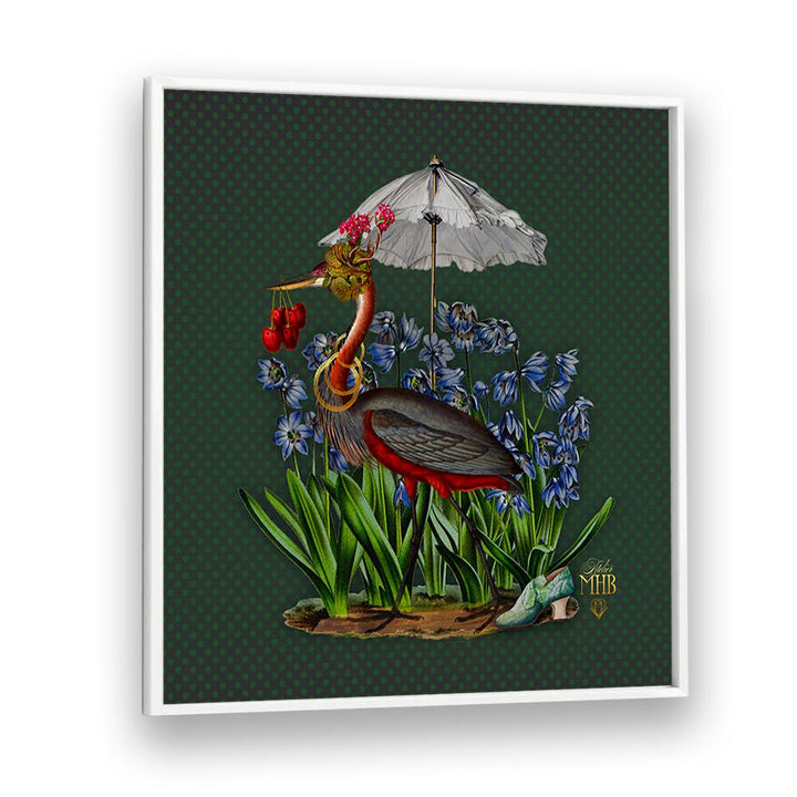 Whimsical heron under an umbrella amidst blossoms from the ENCHANTED FOREST V, ANIMAL PAINTINGS collection.