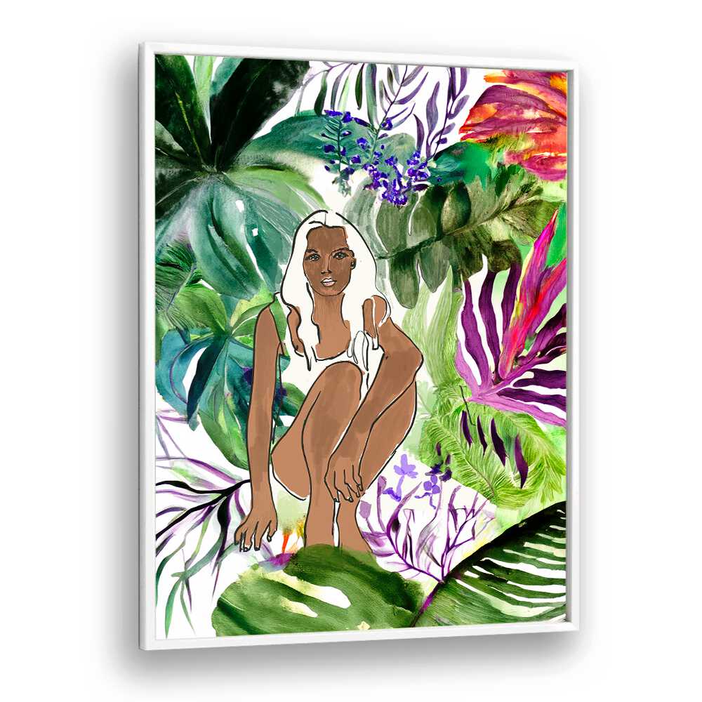 Bold and vibrant SUDDEN SHIFT, PORTRAITS artwork featuring a striking figure surrounded by lush greenery.