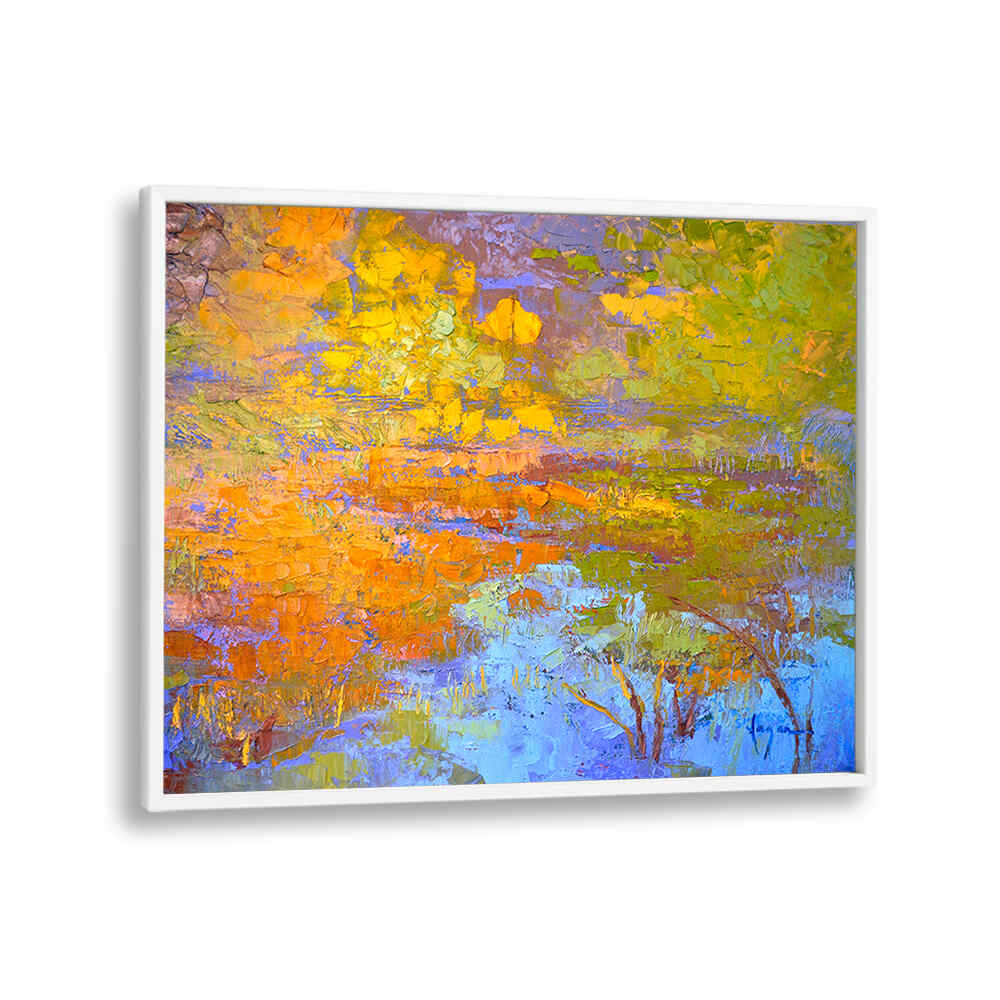 AUTUMN'S PALETTE , LANDSCAPE PAINTINGS textured framed canvas with golden autumn leaves, misty horizon and blue water reflections