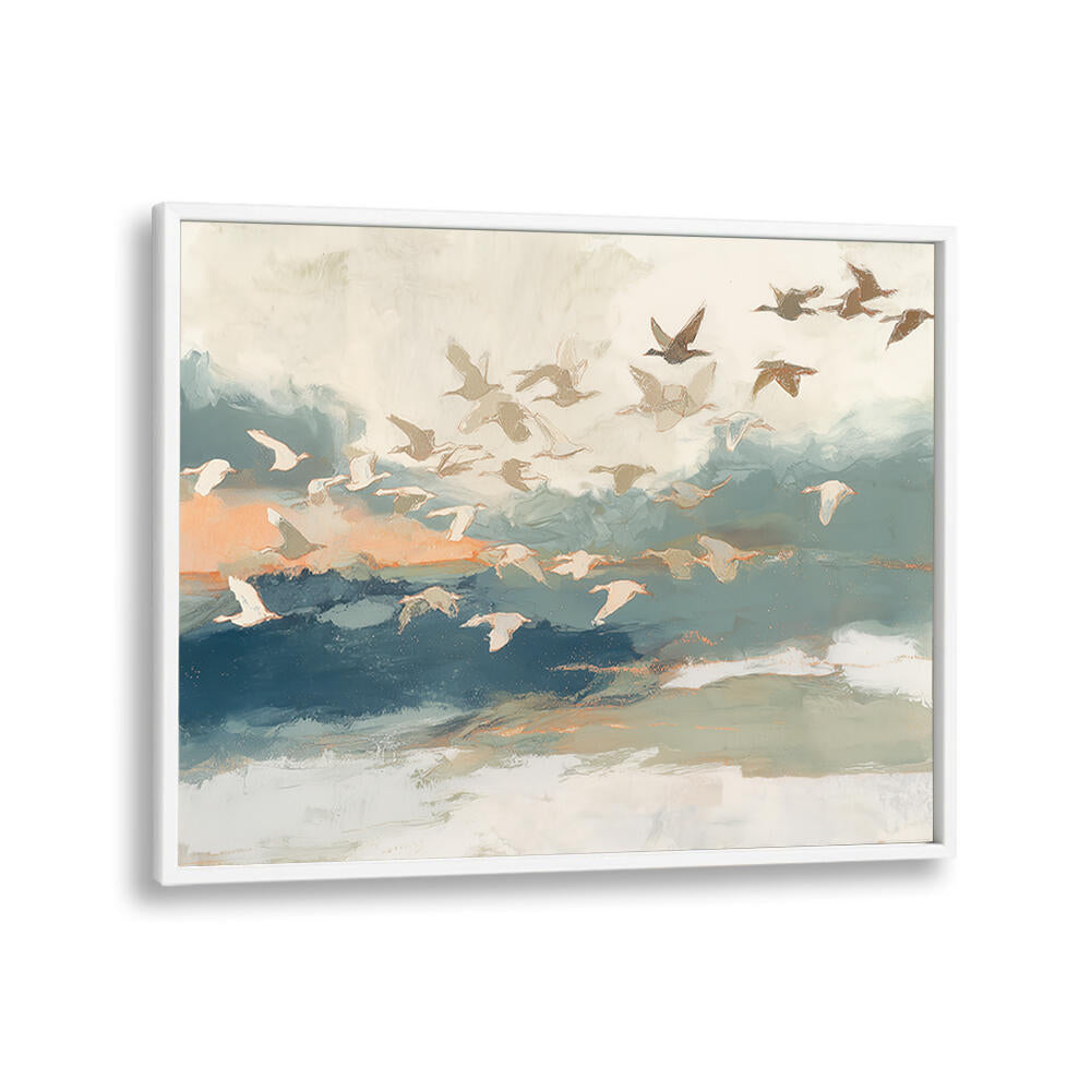 BIRDS IN FLIGHT AT DUSK OVER OPEN WATER