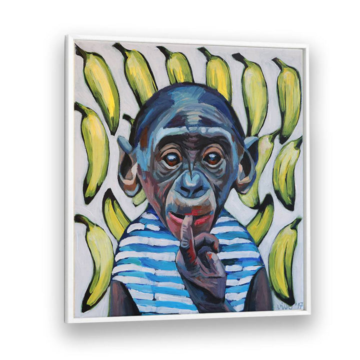 Vibrant BANANA CONTEMPLATION, COMIC POSTERS featuring a thoughtful monkey and bananas, perfect for art lovers.