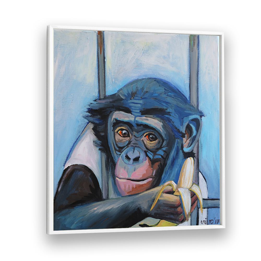 Colorful BANANA CONTEMPLATION II, COMIC POSTERS artwork featuring a monkey, perfect for enhancing your wall decor.