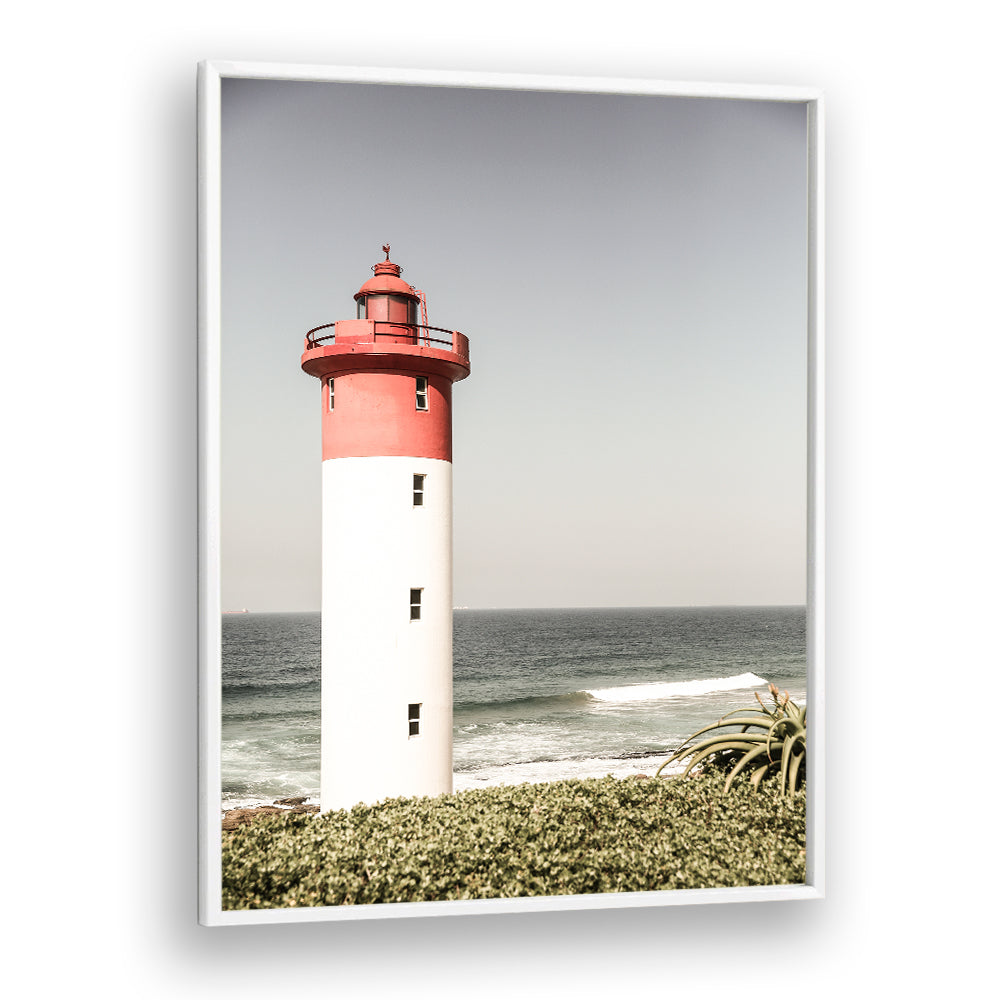 BEACON BY THE SEA , BEACH PAINTINGS framed lighthouse print with red top overlooking ocean waves