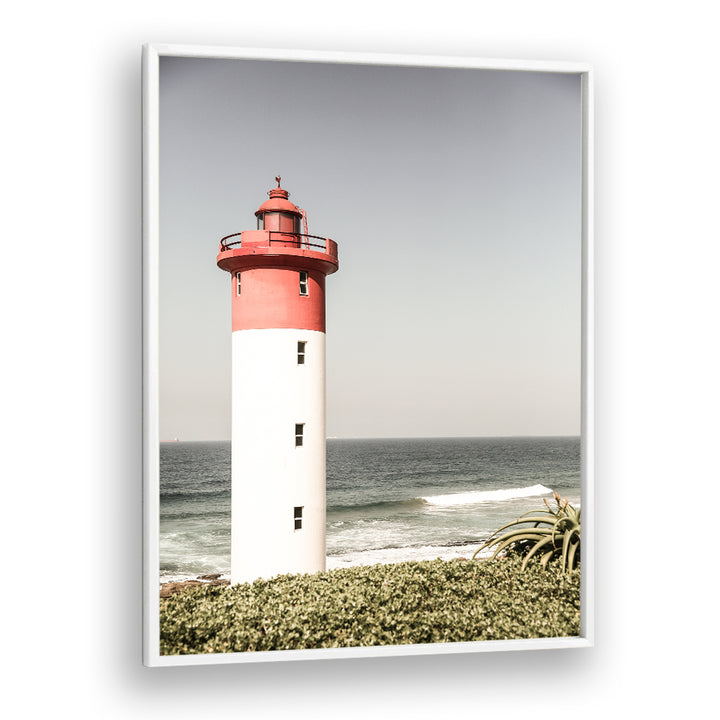 BEACON BY THE SEA , BEACH PAINTINGS framed lighthouse print with red top overlooking ocean waves