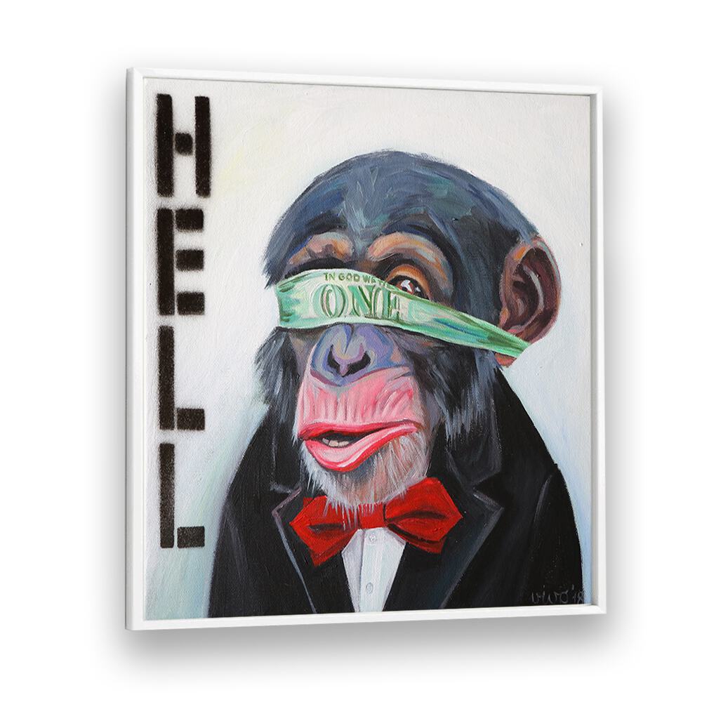 Stylish BLINDED BY MONEY, COMIC POSTERS featuring a whimsical monkey in a tuxedo, perfect for comic art enthusiasts.