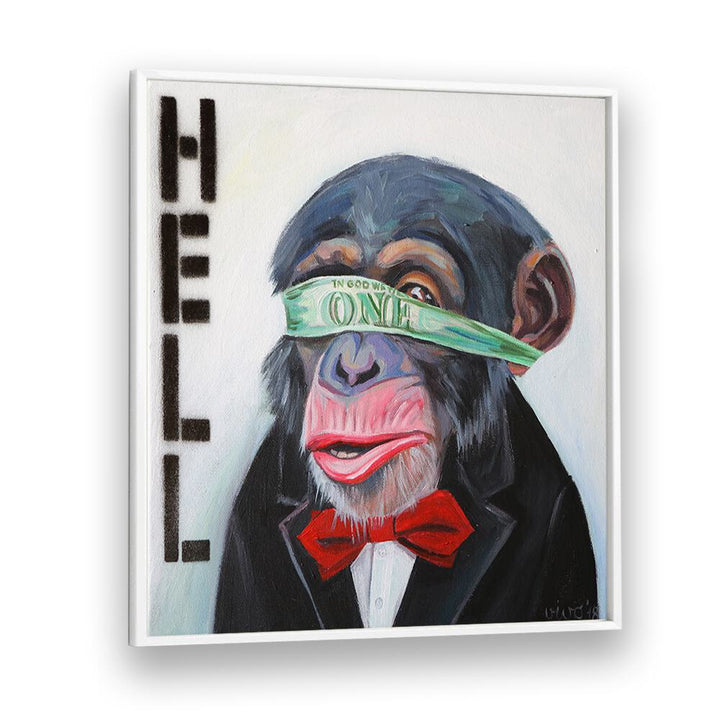 Stylish BLINDED BY MONEY, COMIC POSTERS featuring a whimsical monkey in a tuxedo, perfect for comic art enthusiasts.